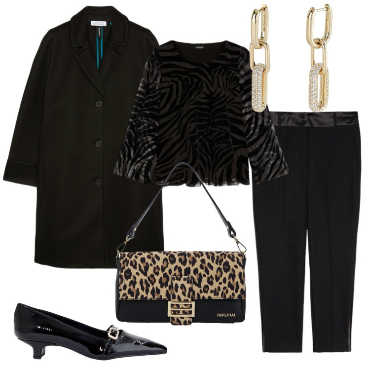 Outfit donna - Quasi Capodanno. Stile Chic per Serata fuori. Abbinamento con orecchini, ballerine, borse a spalla, maglieria, pantaloni, cappotti.