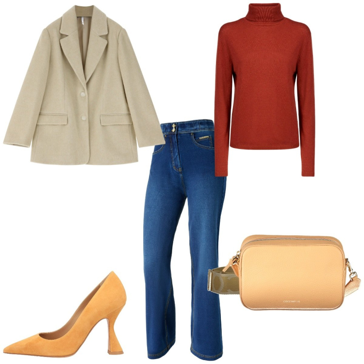 Outfit donna - Colori caldi. Stile Casual chic per Tutti i giorni. Abbinamento con décolleté, cappotti, jeans, borse a tracolla, maglieria.