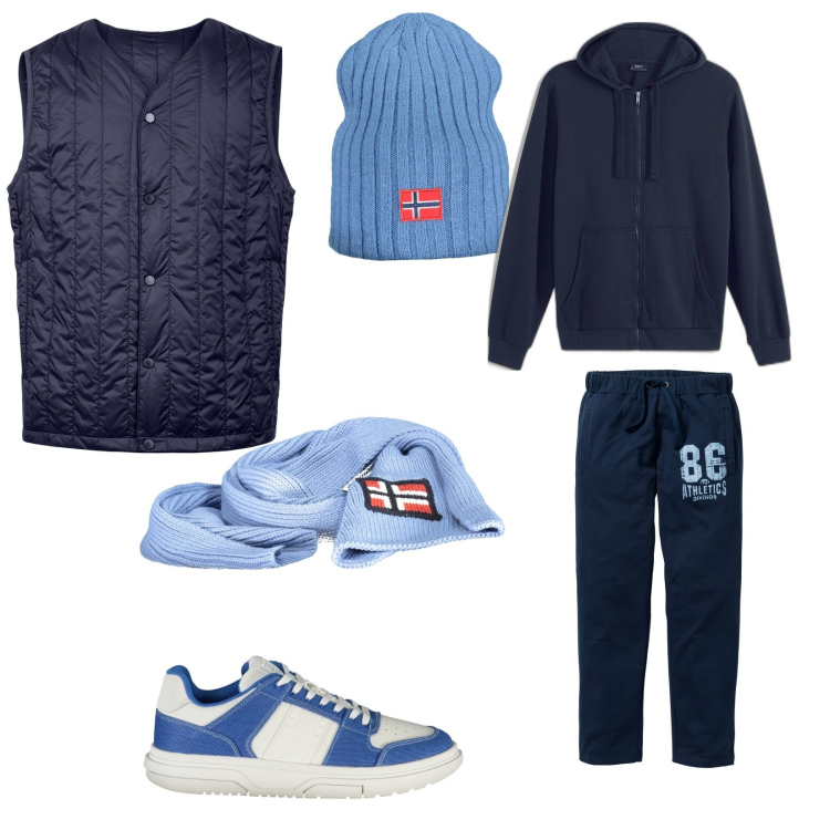 Outfit uomo - Azzurro è sempre azzurro. per Sport. Abbinamento con felpe con cappuccio, pantaloni, sneakers, sciarpe, piumini, berretti.