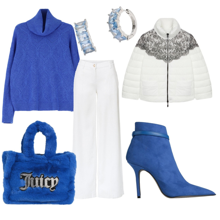 Outfit donna - Azzurro. per Tutti i giorni. Abbinamento con pantaloni a palazzo, borse a mano, stivaletti, orecchini, maglieria, piumini.