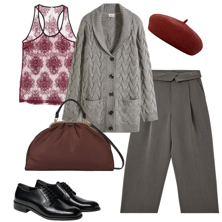 Outfit donna - Con il basco. Stile Mannish per Tutti i giorni. Abbinamento con cardigans, pantaloni, canottiere, cappelli e berretti, scarpe stringate, borse a spalla.