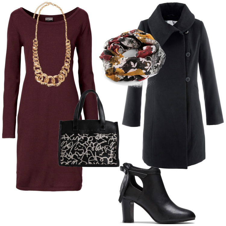 Outfit donna - Al centro commerciale. per Tutti i giorni. Abbinamento con vestiti lunghi, cappotti, stivaletti, foulard, borse a mano, collane.