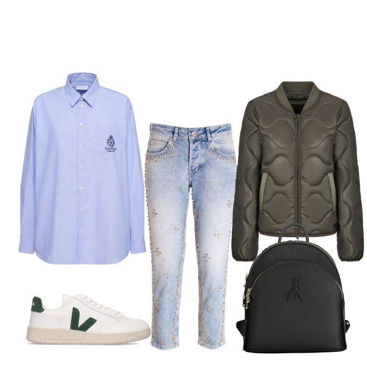 Outfit donna - Jeans con strass. Stile Basic per Tutti i giorni. Abbinamento con jeans, blazer, sneakers, zaini, camicie.