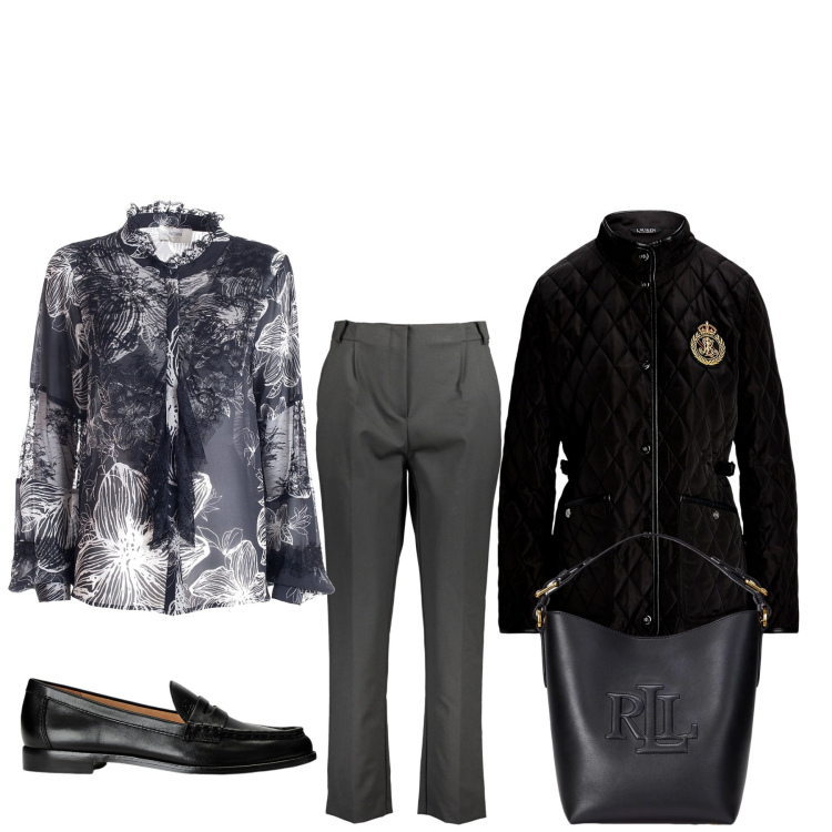 Outfit donna - Stringata di sera. Stile Basic per Tutti i giorni. Abbinamento con camicie, mocassini, borse a secchiello, giacche, pantaloni.