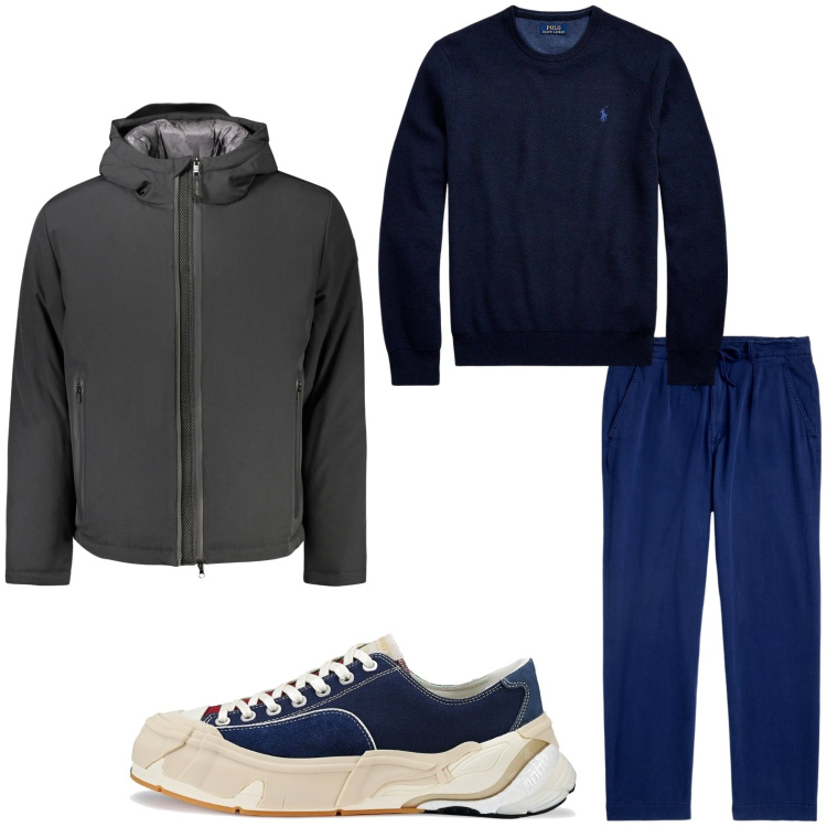 Outfit uomo - Il pullover blu notte. Stile Urban per Tutti i giorni. Abbinamento con maglieria, pantaloni, sneakers, giacche.