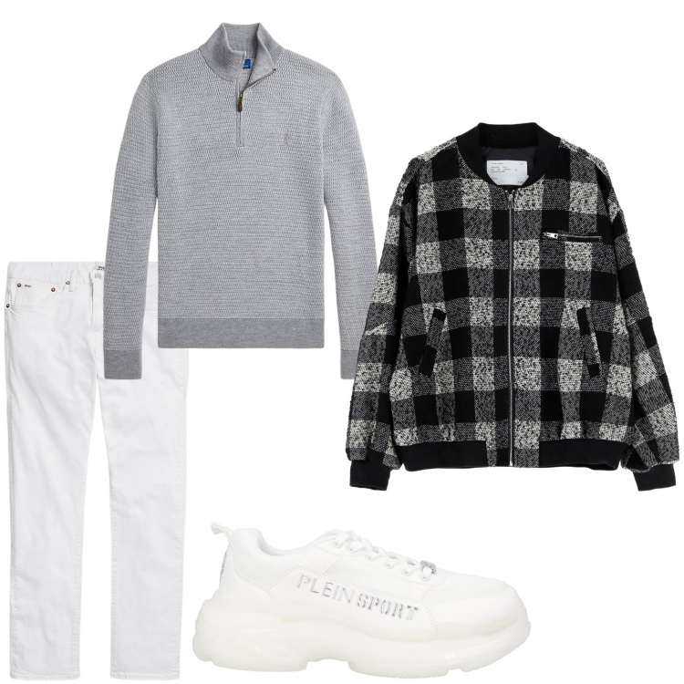 Outfit uomo - La giacca a quadri. Stile Casual per Tutti i giorni. Abbinamento con sneakers, bomber, jeans, maglieria.