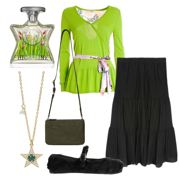 Outfit donna - Wicca. Stile Etnico per Tutti i giorni. Abbinamento con ballerine, profumi, collane, maglieria, borse a tracolla, gonne lunghe.