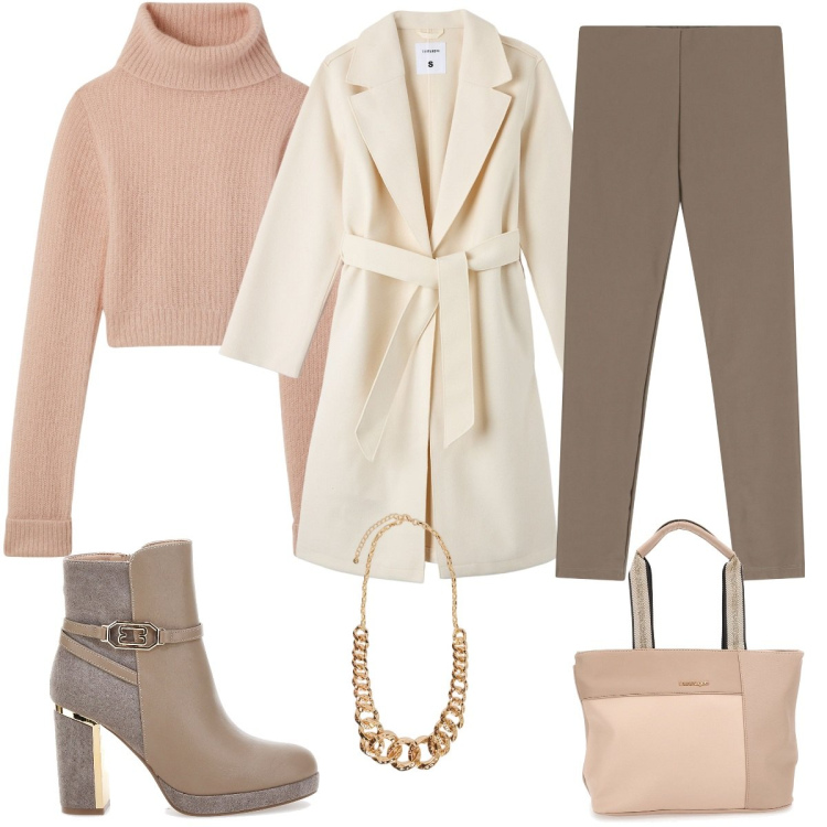 Outfit donna - Delicata. Stile Chic per Ufficio. Abbinamento con maglieria, cappotti, pantaloni skinny, stivaletti, borse a spalla, collane.
