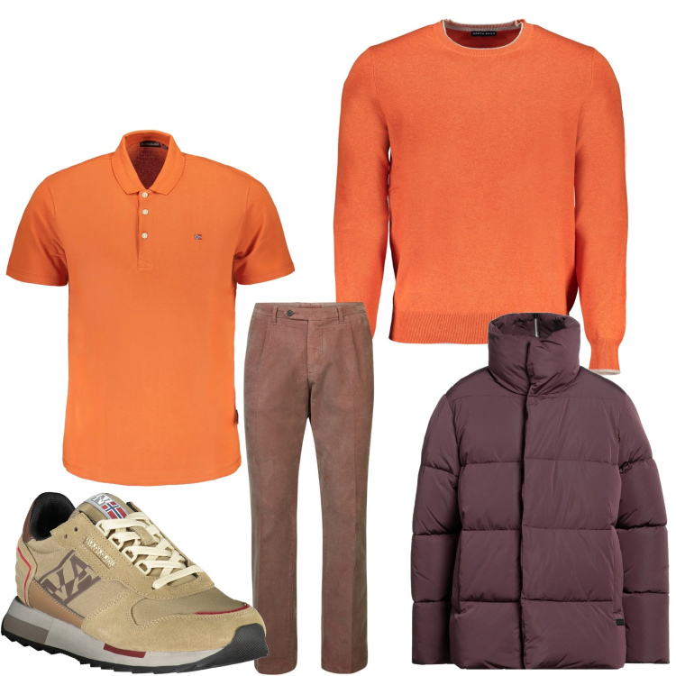Outfit uomo - Arancio e marrone. Stile Casual per Tutti i giorni. Abbinamento con piumini, pantaloni, sneakers, maglieria, polo.