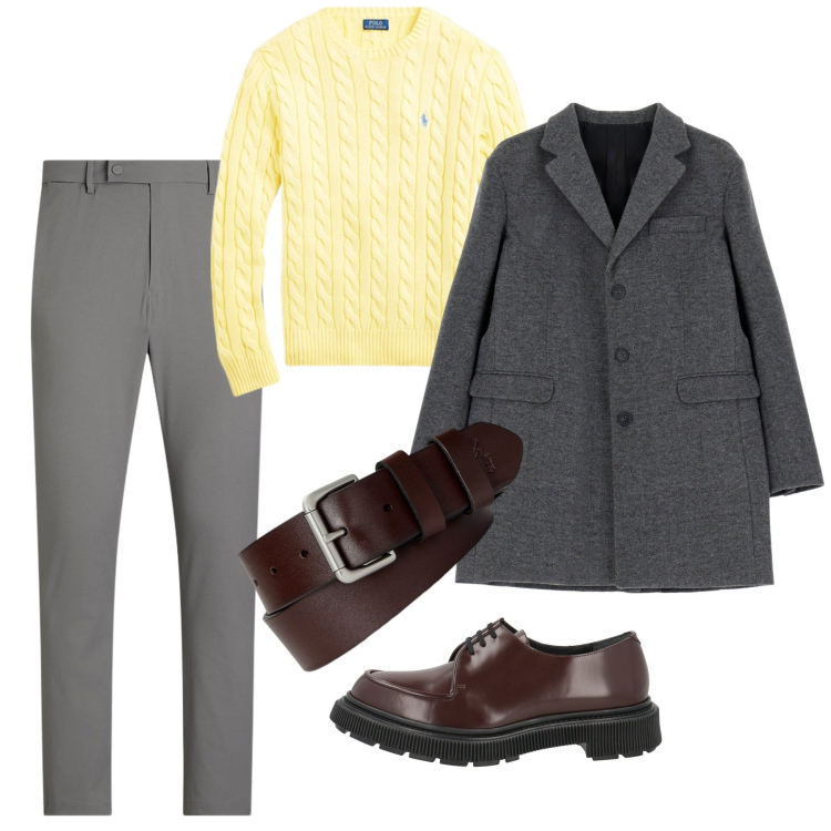 Outfit uomo - Grigio e paglierino. Stile Trendy per Ufficio. Abbinamento con scarpe stringate, cappotti, cinture, pantaloni, maglieria.