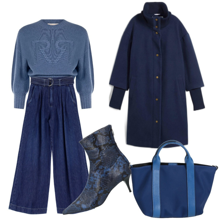 Outfit donna - Total look viva il blu. Stile Urban per Tutti i giorni. Abbinamento con cappotti, stivaletti, borse a mano, maglieria, jeans.