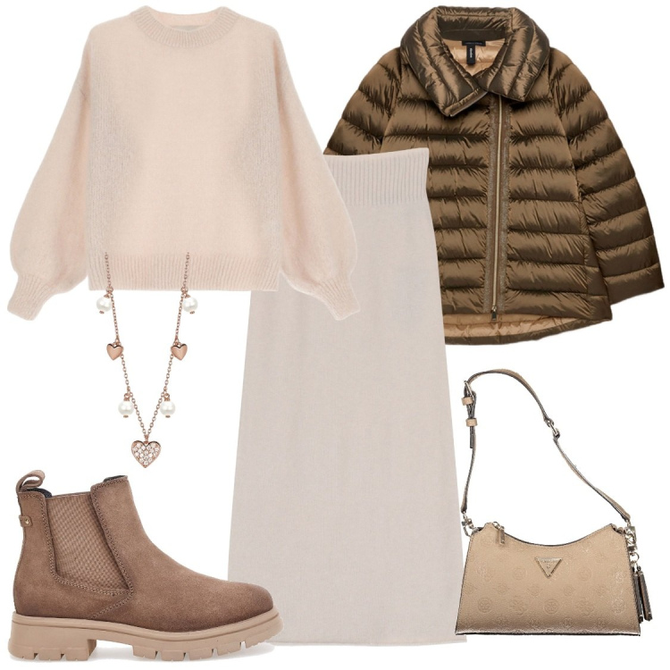 Outfit donna - Freddo autunno. Stile Casual chic per Tutti i giorni. Abbinamento con collane, gonne longuette, maglieria, stivaletti chelsea, piumini, borse a spalla.