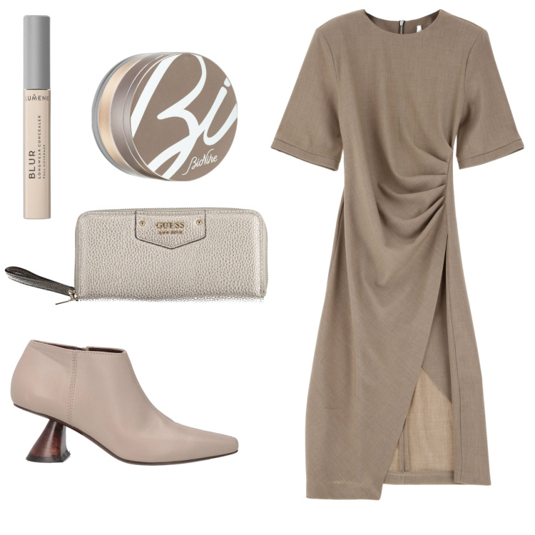 Outfit donna - Neutri. Stile Chic per Serata fuori. Abbinamento con stivaletti, correttori, fondotinta, vestiti midi/longuette, portafogli.