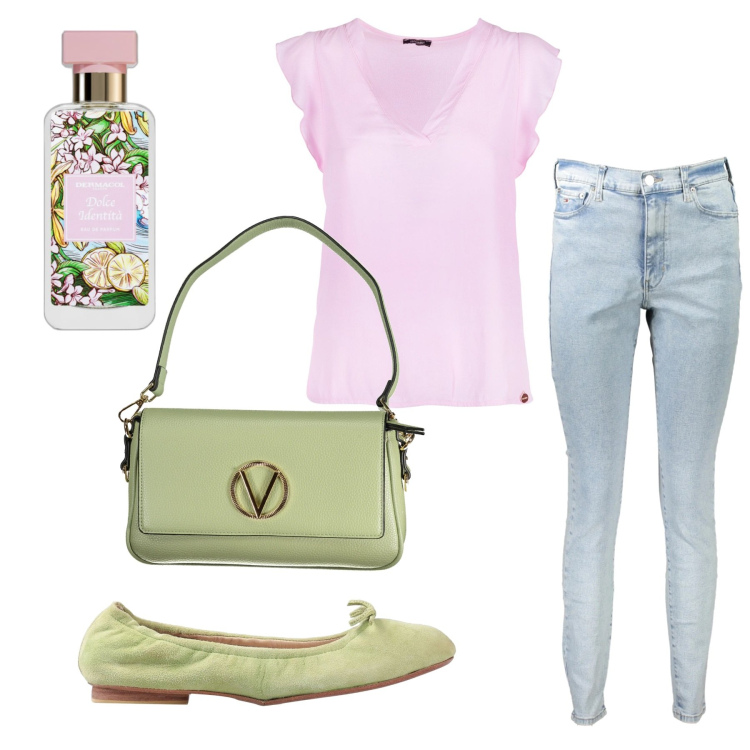 Outfit donna - Colori pastello. Stile Romantica per Tutti i giorni. Abbinamento con ballerine, profumi, bluse, jeans skinny, borse a spalla.