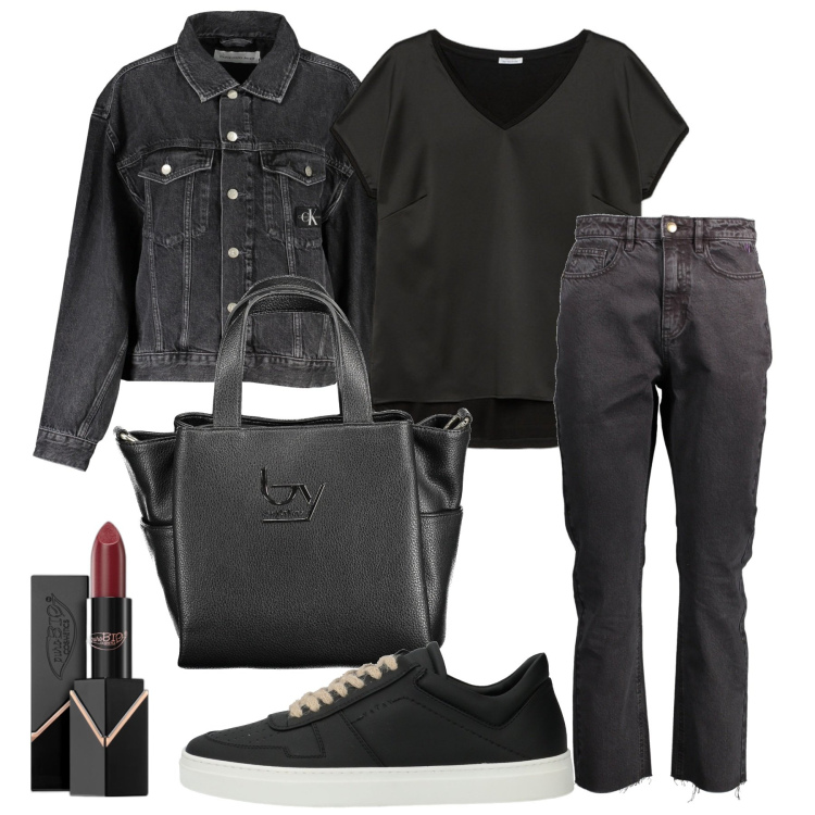 Outfit donna - In nero. Stile Urban per Tutti i giorni. Abbinamento con sneakers, rossetti, jeans, borse a spalla, t-shirt, blazer.