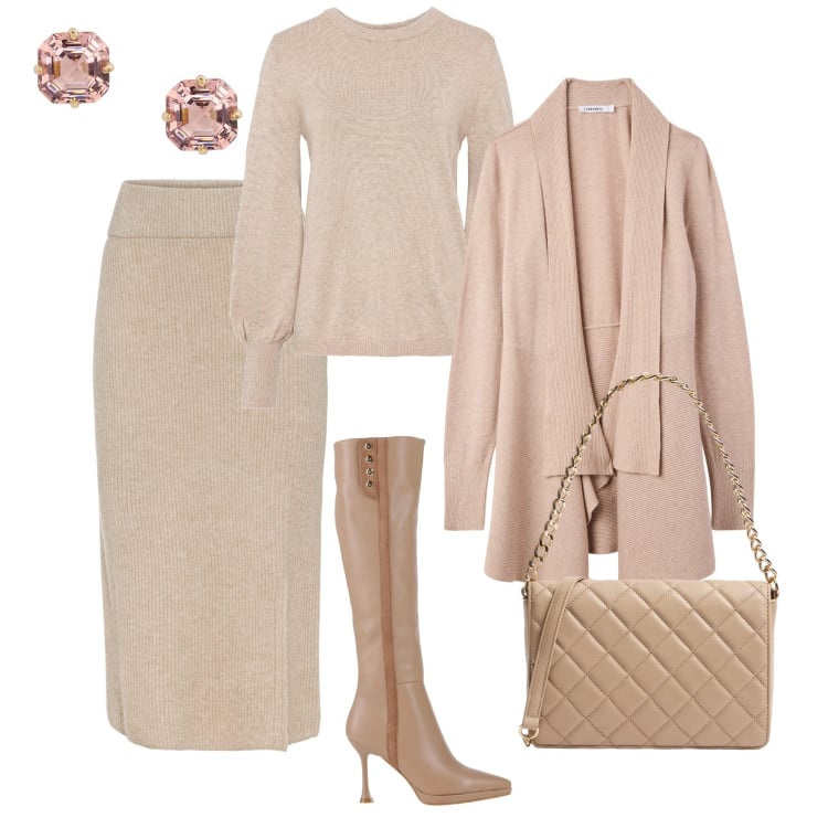 Outfit donna - Maglia mélange nude. Stile Trendy per Ufficio. Abbinamento con stivali, maglieria, gonne, orecchini, cardigans, borse a tracolla.