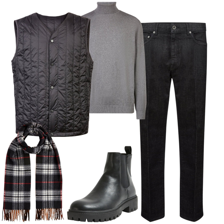 Outfit uomo - City. Stile Urban per Tutti i giorni. Abbinamento con stivali e stivaletti, piumini, jeans, maglieria, sciarpe.