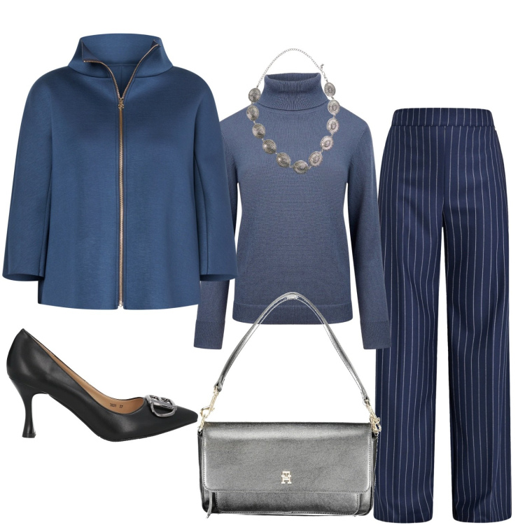 Outfit donna - Gessato. Stile Casual chic per Ufficio. Abbinamento con décolleté, cinture, pantaloni a palazzo, cappe, maglieria, borse a spalla.