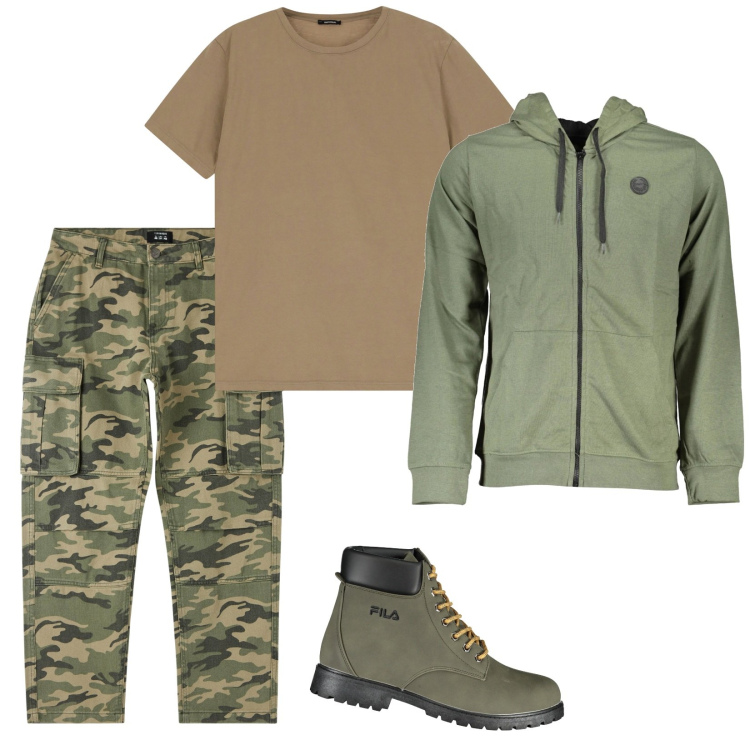 Outfit uomo - Pants camouflage. Stile Casual per Tutti i giorni. Abbinamento con pantaloni cargo, t-shirt, felpe con cappuccio, stivali.