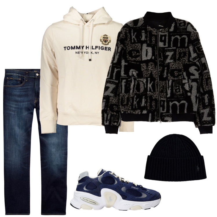 Outfit uomo - Casual ma trendy. Stile Casual per Tutti i giorni. Abbinamento con bomber, jeans dritti, sneakers, berretti, felpe con cappuccio.