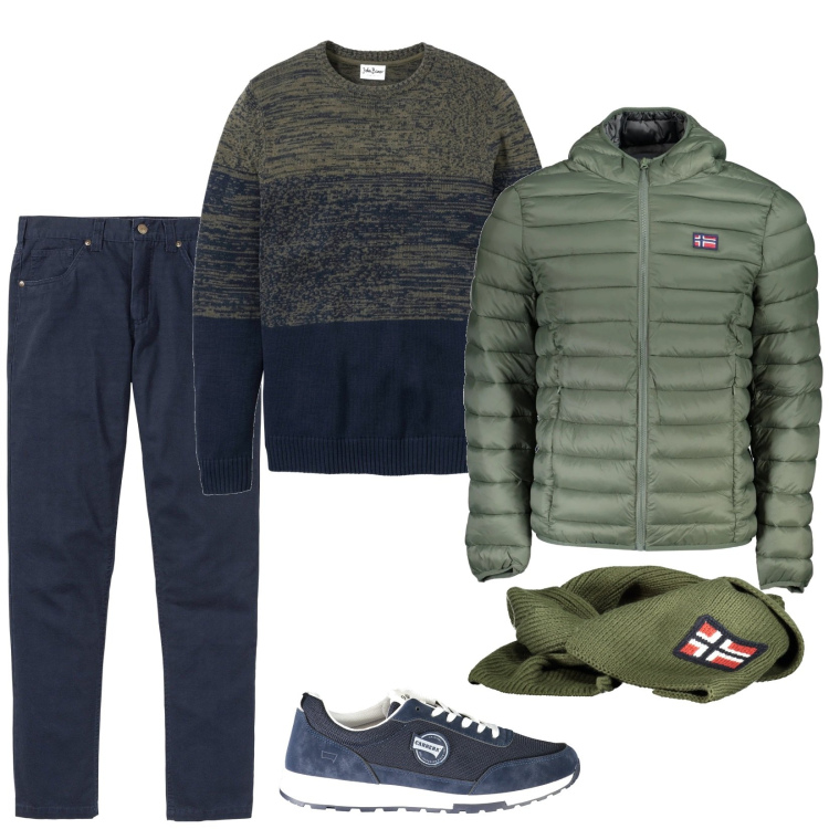 Outfit uomo - Blu e verde. Stile Casual per Tutti i giorni. Abbinamento con pantaloni, maglieria, giacche, sciarpe, sneakers.