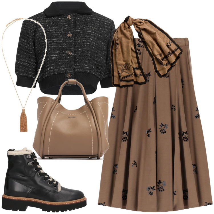 Outfit donna - Total look #2011272. Stile Casual chic per Tutti i giorni. Abbinamento con stivaletti, cardigans, collane, gonne lunghe, sciarpe, borse a mano.