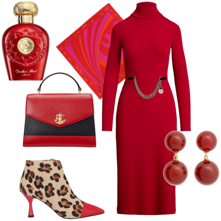 Outfit donna - Total look #2011282. Stile Chic per Serata fuori. Abbinamento con stivaletti, profumi, vestiti, borse a mano, foulard, orecchini.