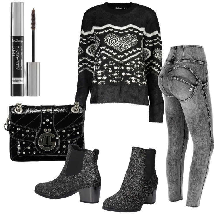 Outfit donna - Rock. Stile Rock per Tutti i giorni. Abbinamento con stivaletti chelsea, mascara, jeans skinny, maglieria, borse a tracolla.