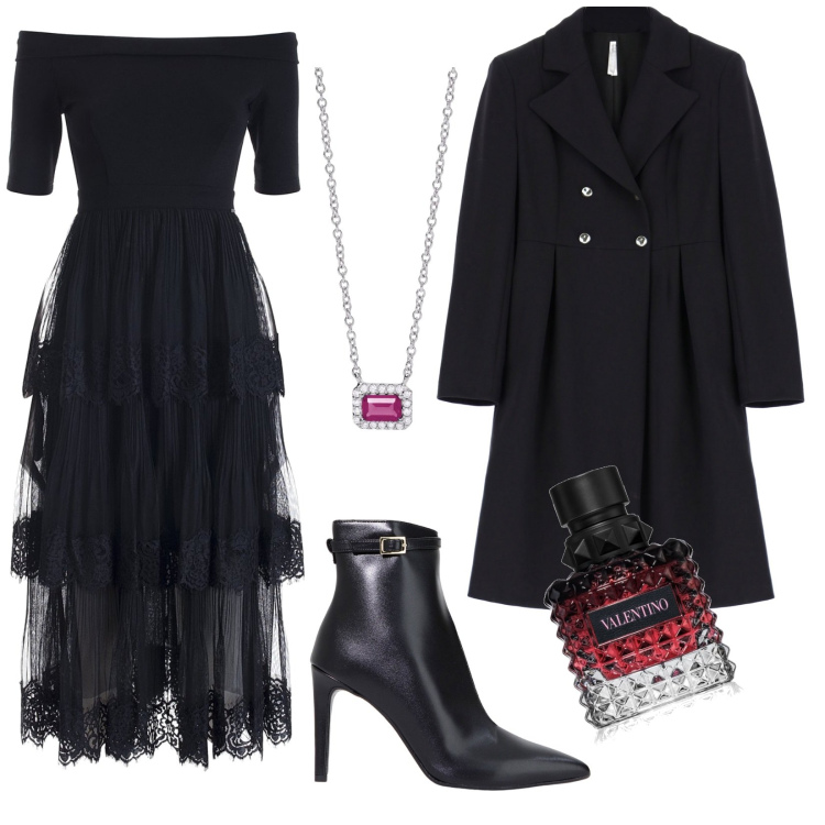 Outfit donna - Total black. Abbinamento con profumi, collane, vestiti midi/longuette, cappotti, stivaletti.
