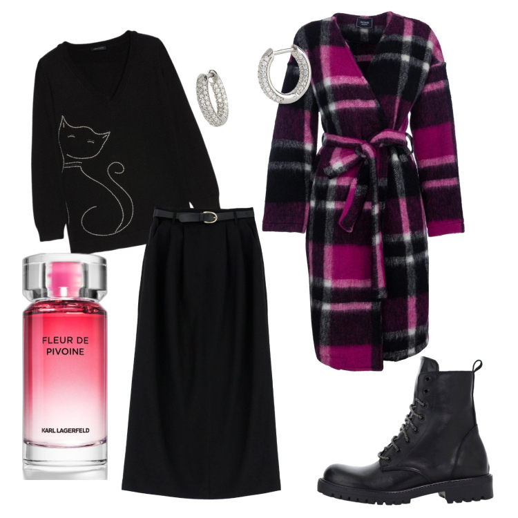 Outfit donna - Total look #2011290. Abbinamento con profumi, orecchini, cappotti, gonne lunghe, stivaletti, maglieria.