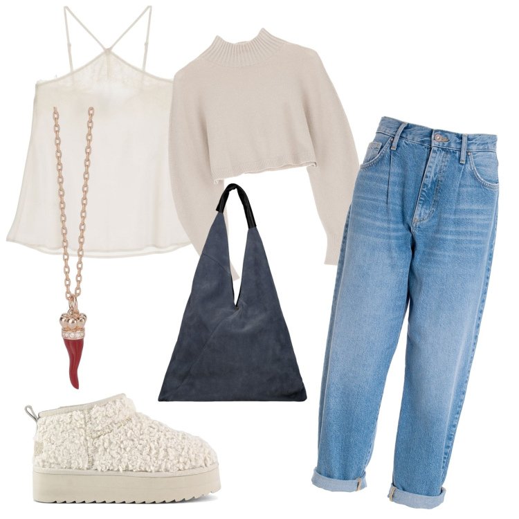 Outfit donna - In champagne. Abbinamento con collane, jeans, top, maglieria, stivaletti, borse a spalla.