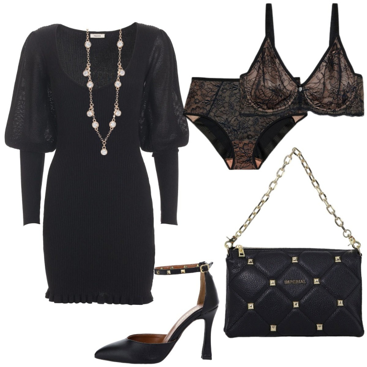 Outfit donna - Total look #2011297. Stile Bon Ton per Serata fuori. Abbinamento con collane, vestiti, borse a spalla, décolleté, reggiseni, culotte.