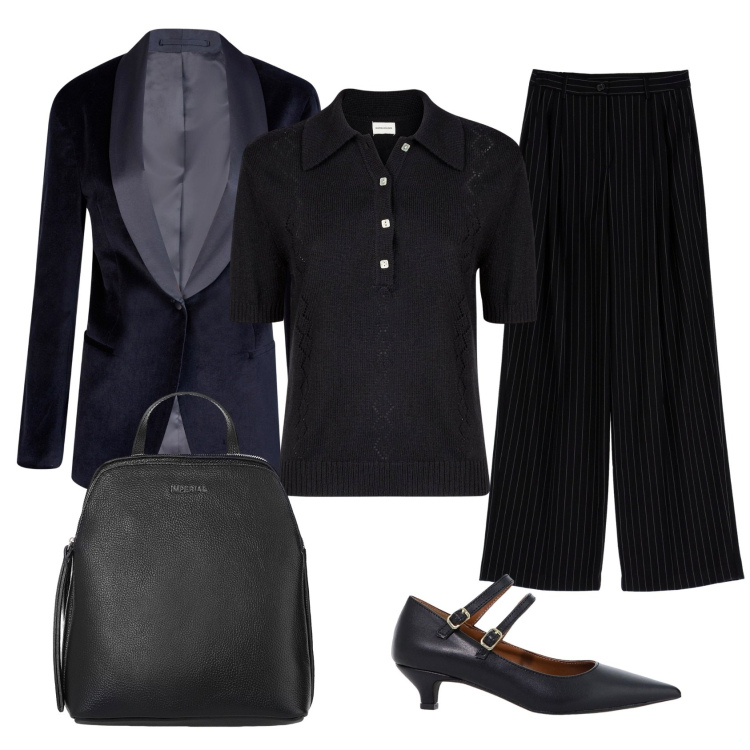 Outfit donna - Nero di serara. Stile Mannish per Serata fuori. Abbinamento con pantaloni a palazzo, décolleté, zaini, polo, blazer.