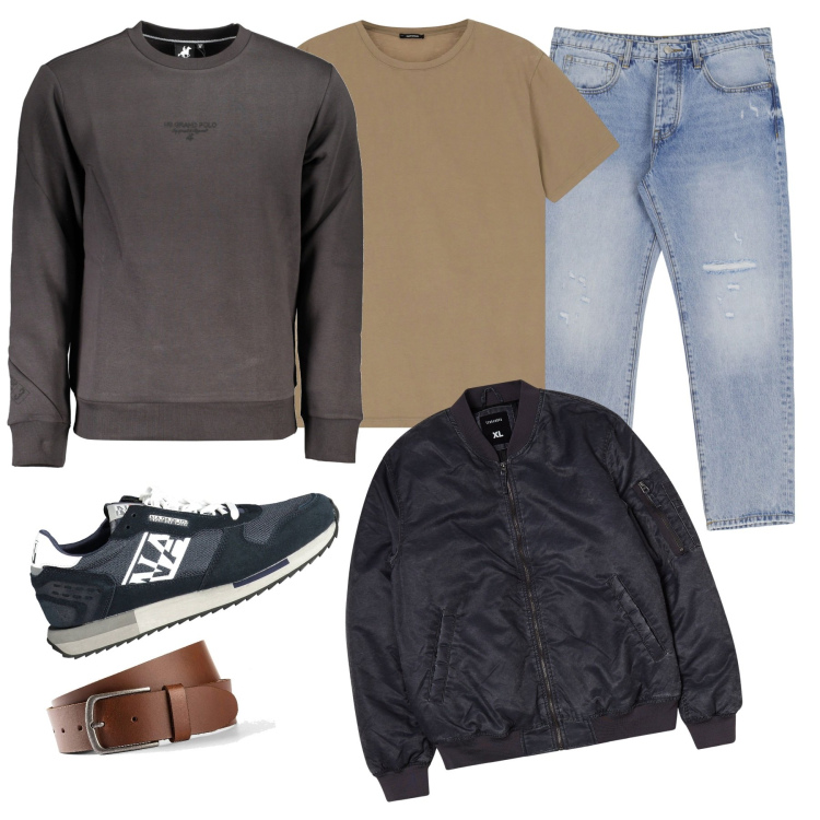 Outfit uomo - Night Owl. Stile Casual per Tutti i giorni. Abbinamento con cinture, bomber, jeans slim fit, t-shirt, felpe, sneakers.