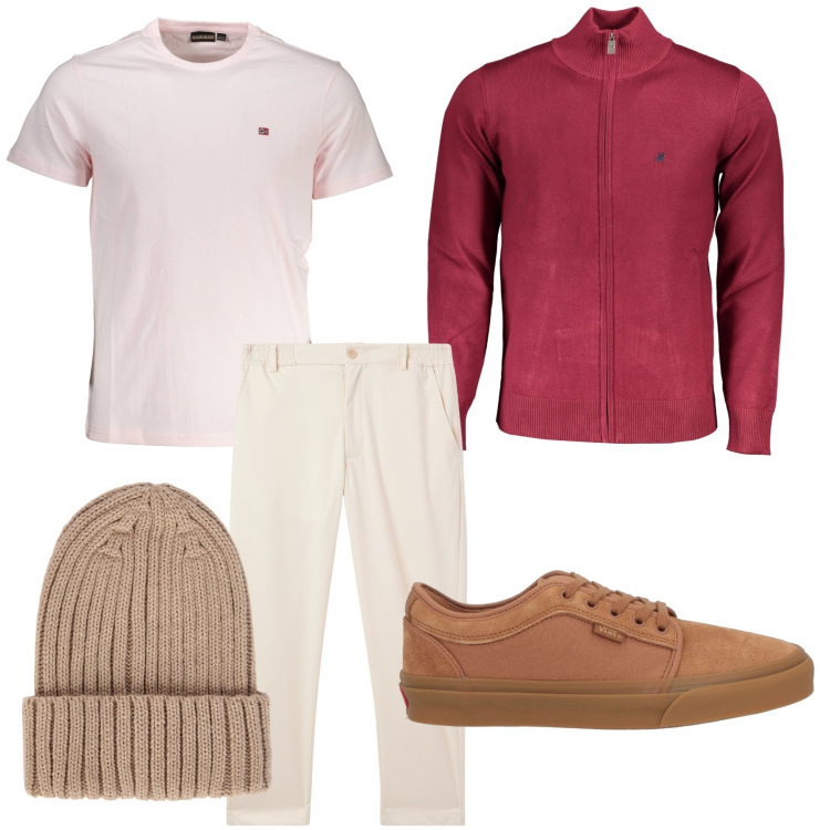 Outfit uomo - Easy. Stile Trendy per Tutti i giorni. Abbinamento con sneakers, pantaloni chino, berretti, cardigans, t-shirt.
