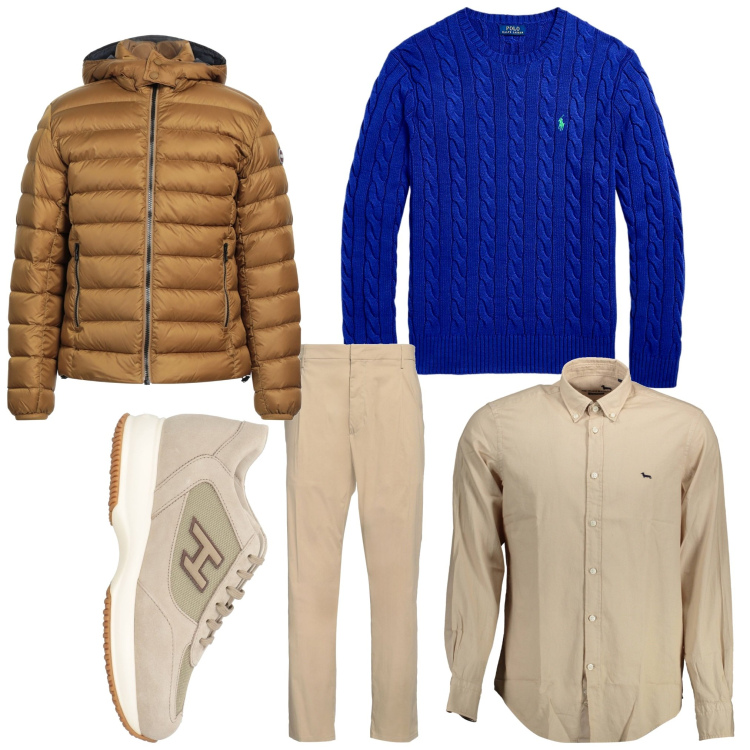 Outfit uomo - Sinfonia in beige. Stile Casual per Tutti i giorni. Abbinamento con pantaloni chino, sneakers, piumini, maglieria, camicie.