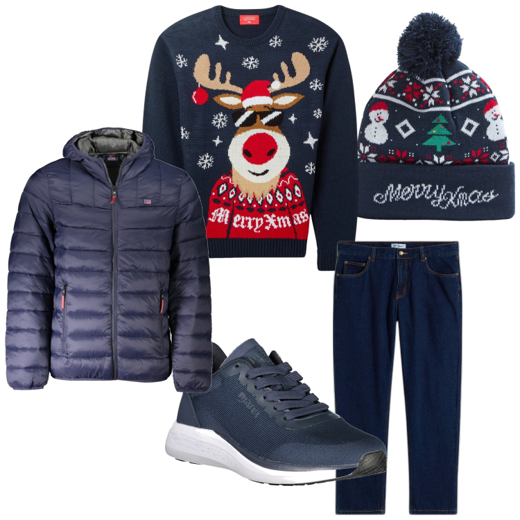 Outfit uomo - Merry Xmas. Stile Casual per Tutti i giorni. Abbinamento con jeans dritti, maglieria, berretti, giacche, sneakers.