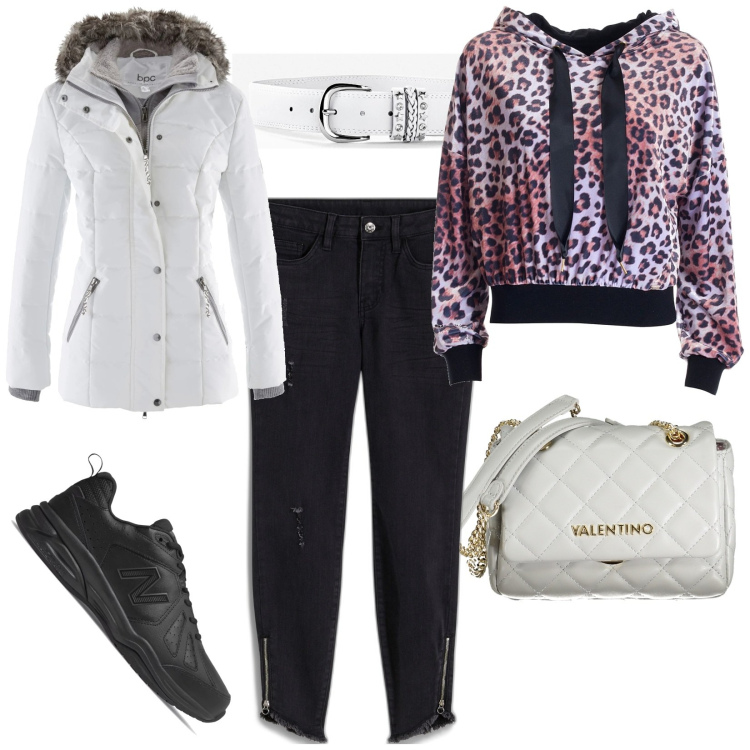 Outfit donna - Total look #2011327. Stile Casual per Tutti i giorni. Abbinamento con piumini, cinture, jeans skinny, sneakers, felpe con cappuccio, borse a tracolla.