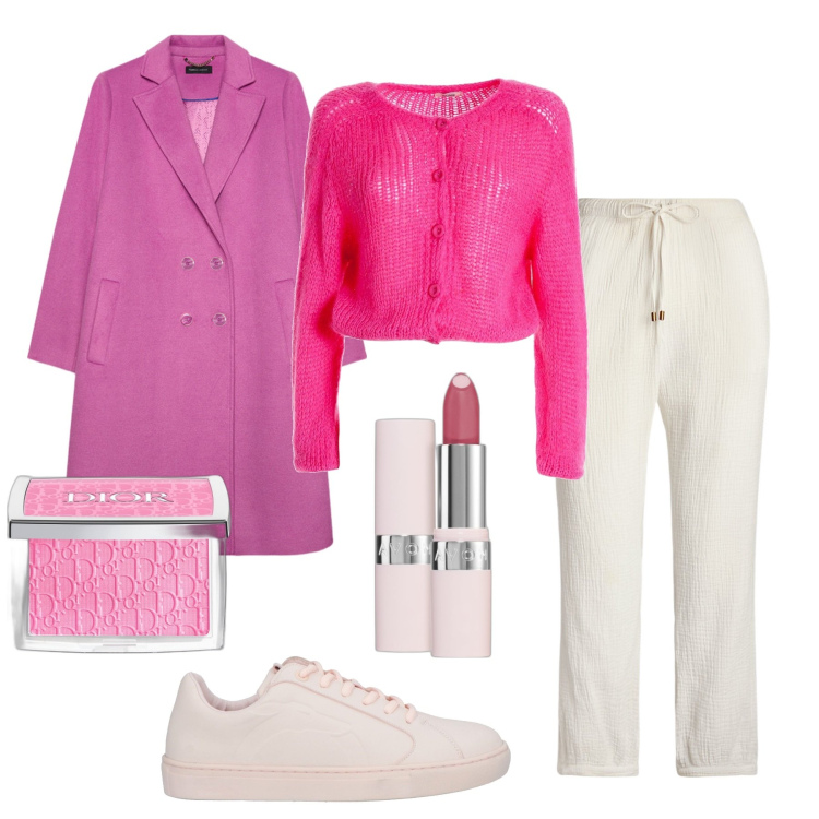 Outfit donna - Sfumature di rosa. Stile Romantica per Tutti i giorni. Abbinamento con sneakers, rossetti, blush, cardigans, pantaloni, cappotti.