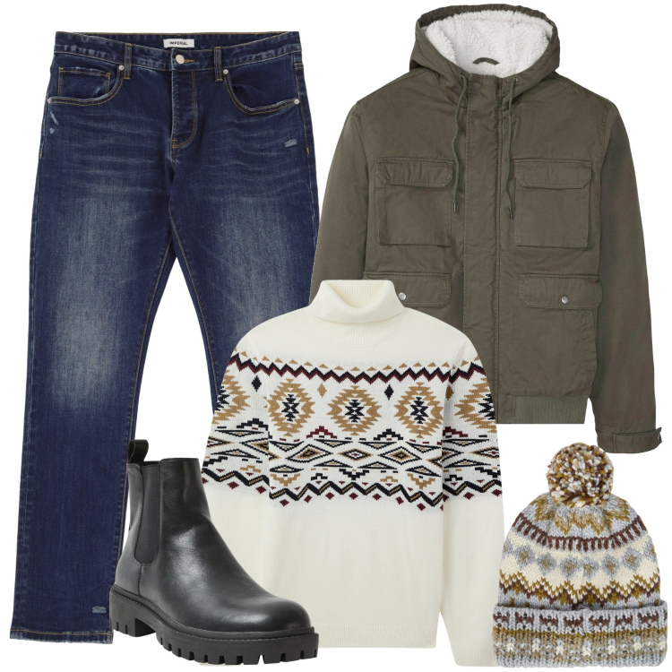 Outfit uomo - Una giornata divertente in famiglia. Stile Casual per Tutti i giorni. Abbinamento con piumini, stivali e stivaletti, maglieria, jeans slim fit, berretti.