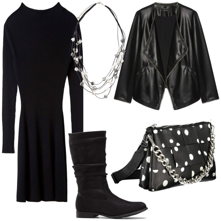 Outfit donna - Rock chic. Stile Rock per Tutti i giorni. Abbinamento con stivali, vestiti midi/longuette, borse a spalla, collane, blazer.