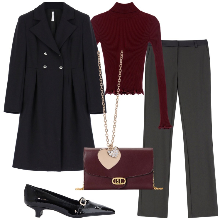 Outfit donna - Il mio amato cappotto. Stile Casual chic per Ufficio. Abbinamento con ciondoli, pantaloni, maglieria, cappotti, ballerine, borse a tracolla.
