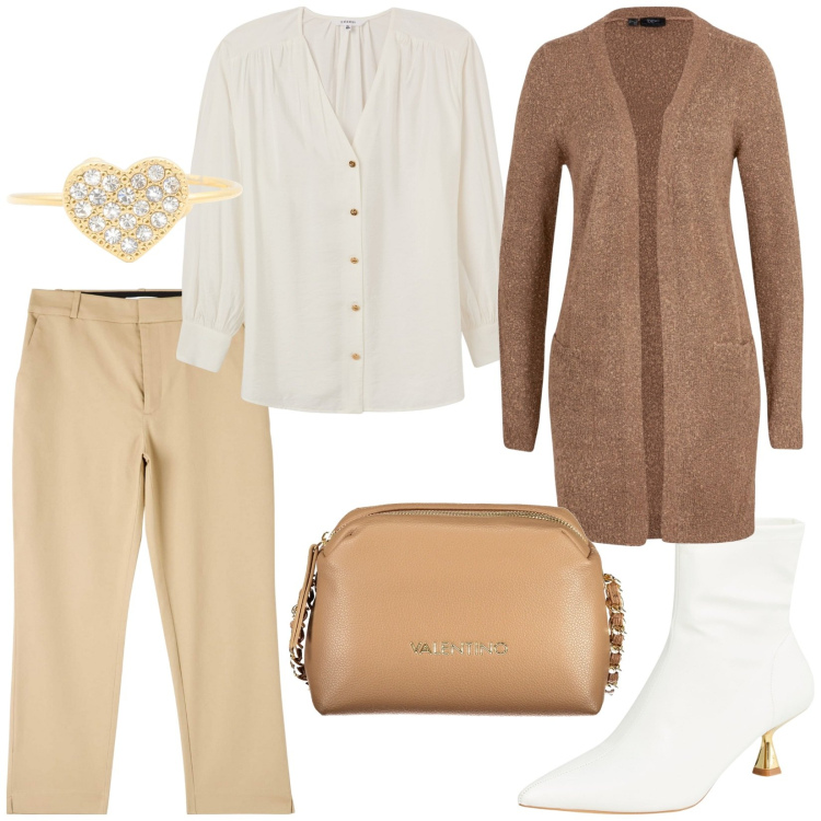 Outfit donna - Total look #2011344. Stile Casual chic per Tutti i giorni. Abbinamento con cardigans, pantaloni chino, stivaletti, bluse, anelli, borse a tracolla.