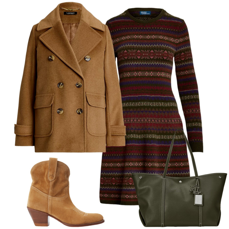 Outfit donna - City. Stile Glamour per Tutti i giorni. Abbinamento con stivaletti, vestiti, borse tote, caban.