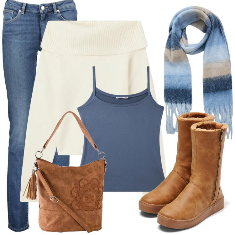 Outfit donna - Maglia da donna scollo shiffer. Stile Trendy per Scuola/Università. Abbinamento con stivali, borse a mano, maglieria, top, sciarpe, jeans.