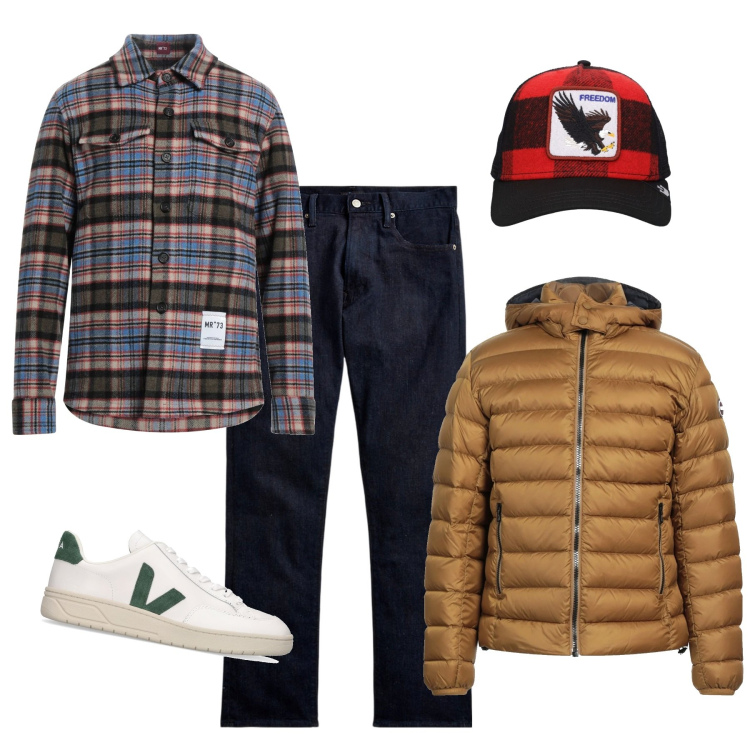 Outfit uomo - Relax time. Stile Casual per Tutti i giorni. Abbinamento con camicie, piumini, jeans dritti, sneakers, cappelli con visiera.