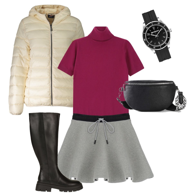 Outfit donna - La minigonna con coulisse. Stile Preppy per Scuola/Università. Abbinamento con borse a spalla, stivali, maglieria, minigonne, orologi, blazer.