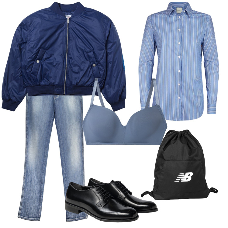 Outfit donna - Cone lui ma col bra. Stile Mannish per Tutti i giorni. Abbinamento con bomber, reggiseni, zaini, jeans, scarpe stringate, camicie.