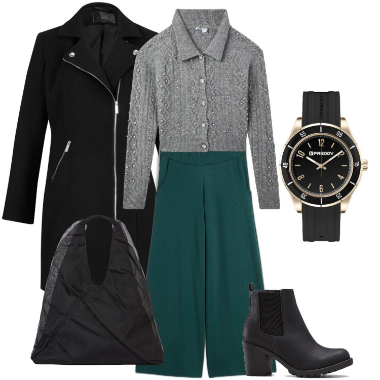 Outfit donna - Il golfino con perline. Stile Casual chic per Ufficio. Abbinamento con pantaloni culotte, stivaletti, cappotti, cardigans, orologi, shopping bag.