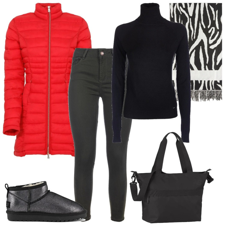 Outfit donna - Rosso. Stile Trendy per Tutti i giorni. Abbinamento con borse tote, piumini, jeans skinny, maglieria, stivali, sciarpe.